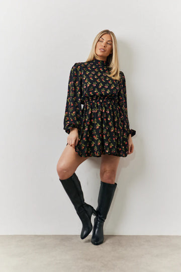 Black Rose Print High Neck Mini Dress